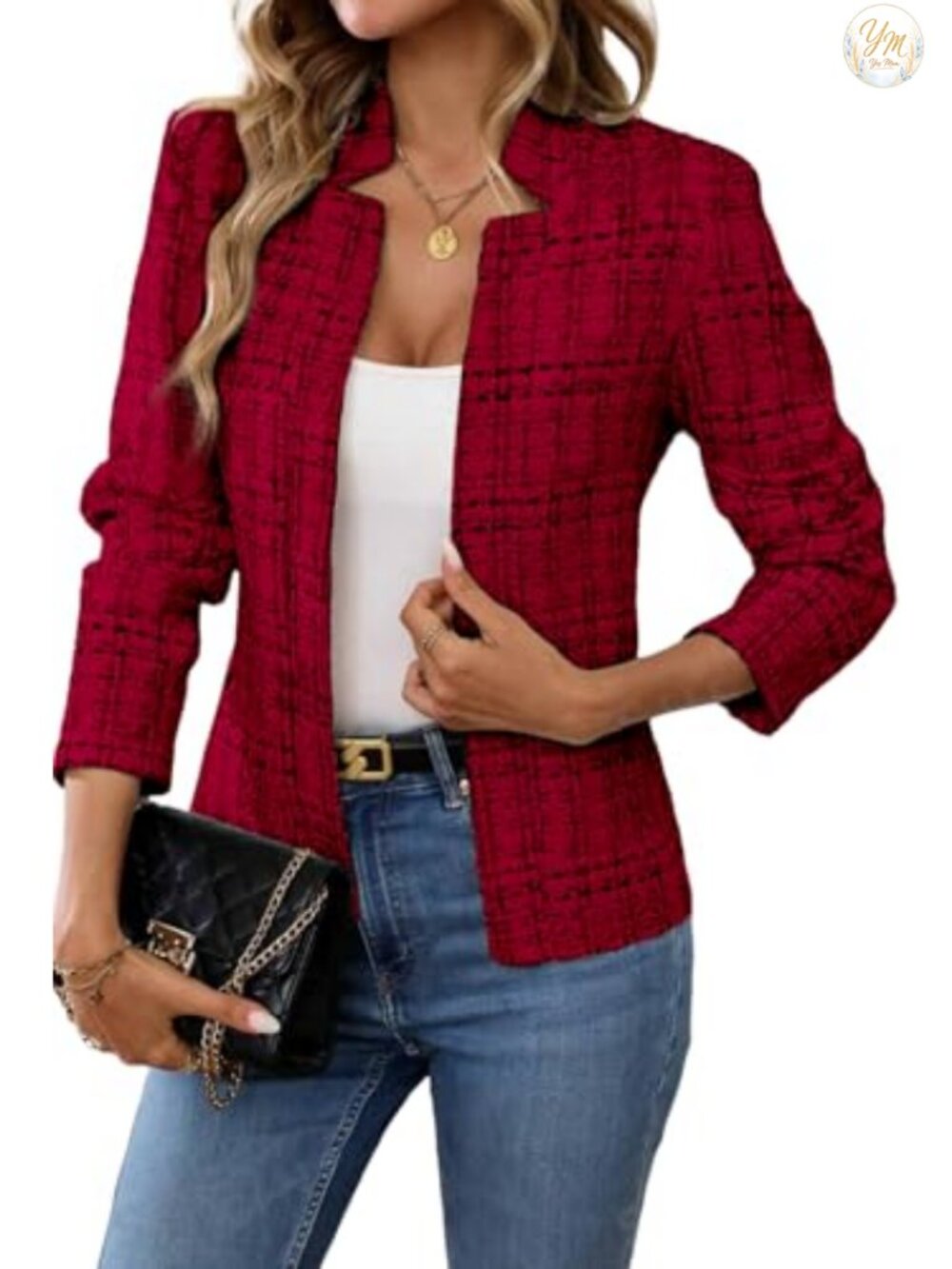 Women's Tweed Open Front Blazer Long Sleeve Notch Collar